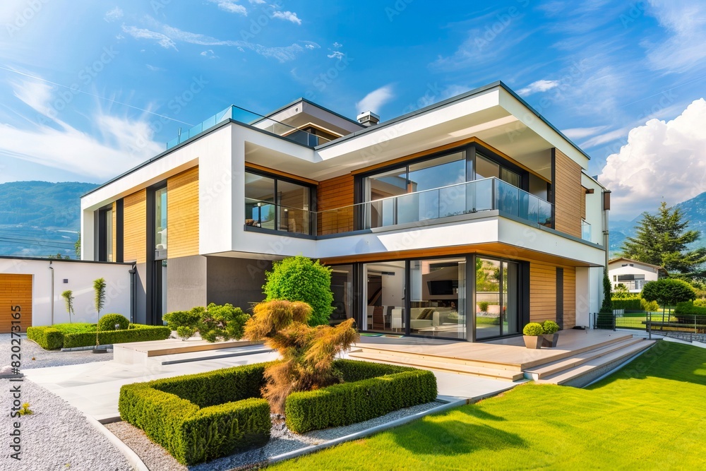 Modern house with green lawn and mountains. Modern house with green lawn and mountains.