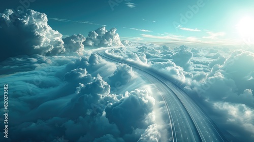 A road cuts through the clouds in the sky, creating a surreal landscape