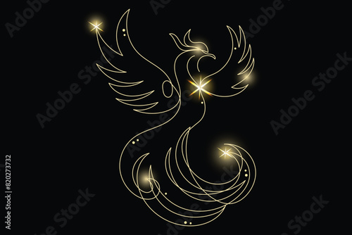 Line Art magic Bird with Gold Glitter Stars. Luxury Rich Glamour Invitation Card Template. Mascot Isolated on Black. Shine Gold Light Texture Effect. Glowing Blink Star Chreistmas Gift.
