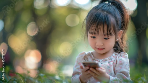 A little girl is smiling and looking at a cell phone