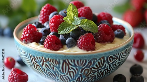 summer desserts  creamy coconut milk pudding topped with fresh berries  a delightful sweet dessert ideal for a sweltering summer day