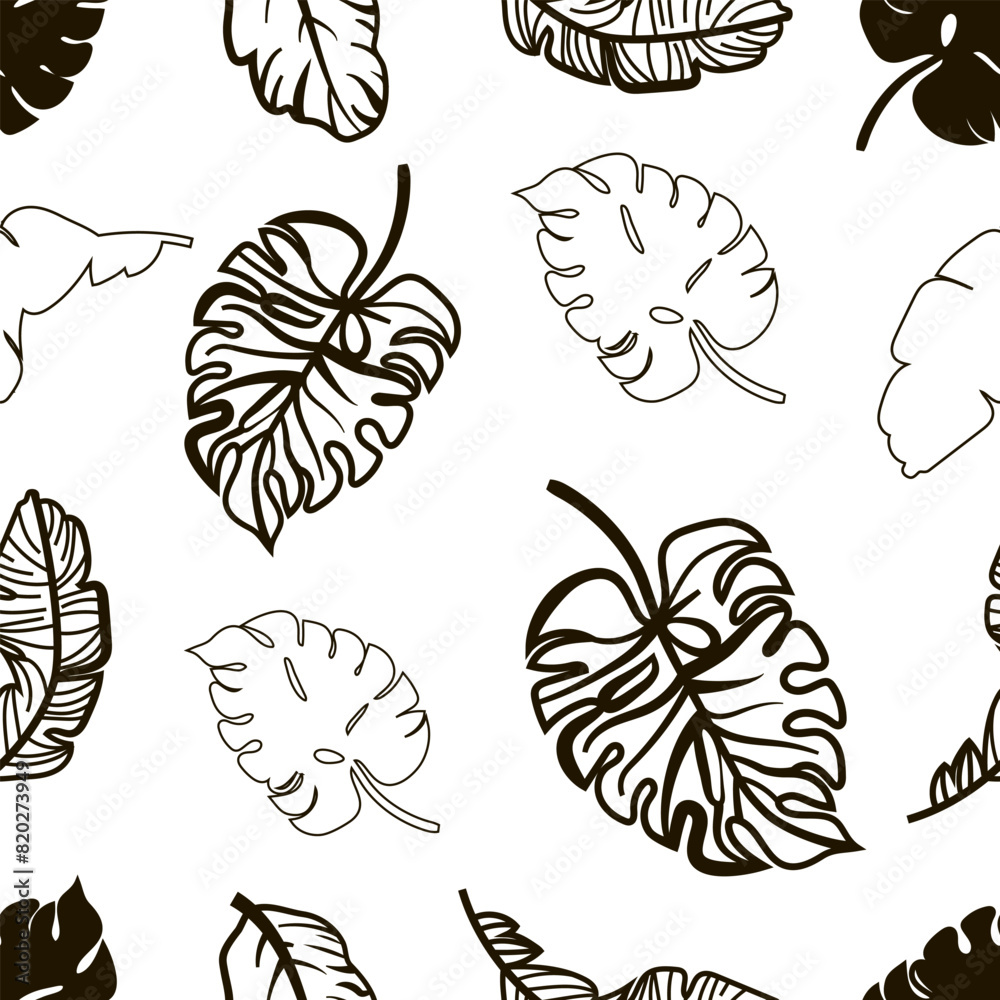 Seamless pattern of leaves in doodle style, lines and black silhouette. Vector illustration. Seamless pattern of leaves in doodle style, lines and black silhouette. Vector illustration.
