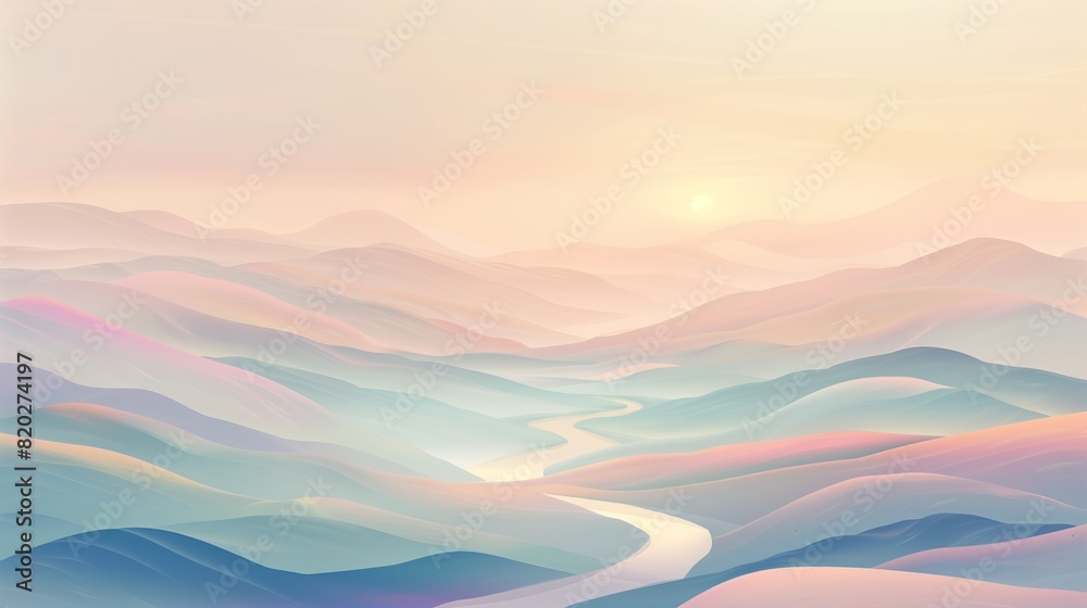 Abstract pastel landscape with gentle hills, flowing rivers, and hazy mountains in the distance, rendered in a dreamlike, impressionistic style.
