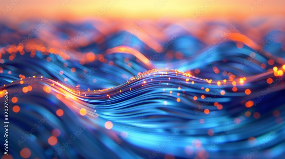 Cascading waves of vibrant, undulating fiber optic cables in a symphony of blue and orange hues, generating a captivating, futuristic abstract landscape.