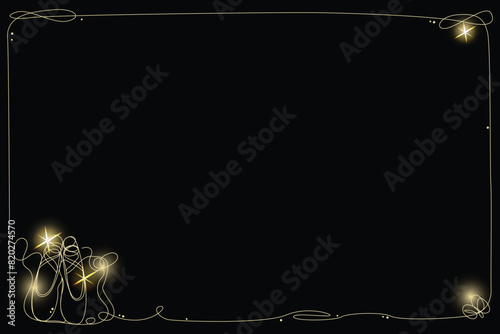 Line Art Pointe Shoe with Gold Glitter Stars. Luxury Rich Glamour Invitation Card. Classic Ballet Dance Symbol Isolated on Black. Shine Gold Light Texture Effect. Glowing Blink Star Christmas Card.	