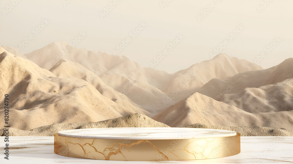 gold and white marble display podium for luxury product advertisement with a beautiful beige mountains background, product showcase. Blank Vector 3d illustration. gold and white marble display podium for luxury product advertisement with a beautiful beige mountains background, product showcase. Blank Vector 3d illustration.