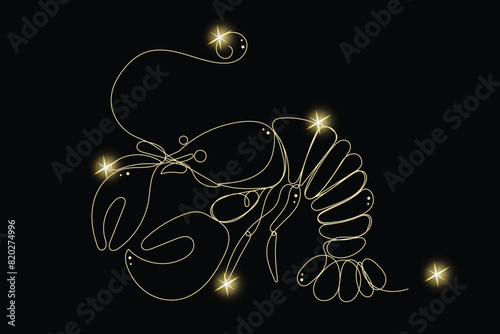 Line Art Lobster Animal with Gold Glitter Stars. Luxury Rich Glamour Invitation Card Template.  Crawfish Isolated on Black. Shine Gold Light Texture Effect. Glowing Blink Star Symbol Element Gift.