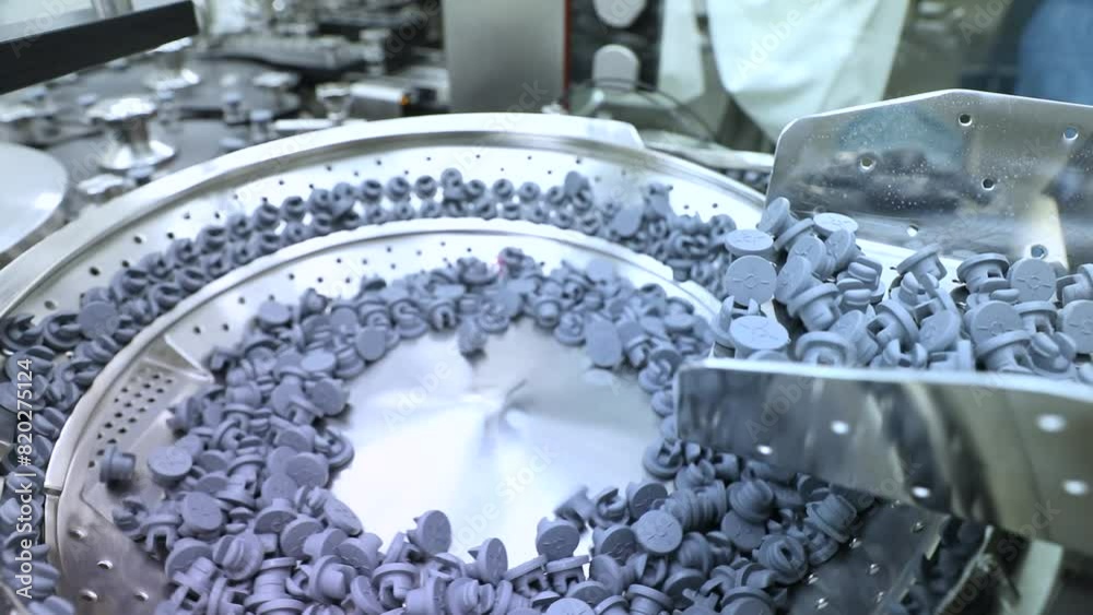 rubber stopper putting process on vaccine vials. injection vials. medical drug glass vial caps rotating, sealing, tightening process on pharma equipment machinery pharmaceutical industry