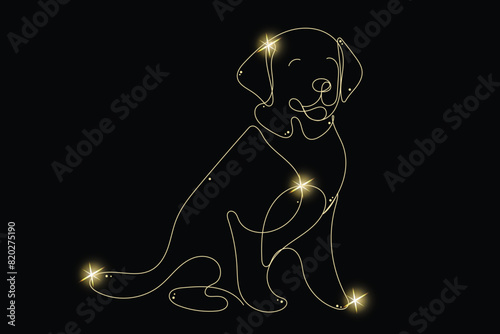 Line Art Labrador with Gold Glitter Stars. Luxury Rich Glamour Invitation Card Template. Line Art Dog Isolated on Black. Shine Gold Light Texture Effect. Glowing Blink Star Symbol Element Gift.