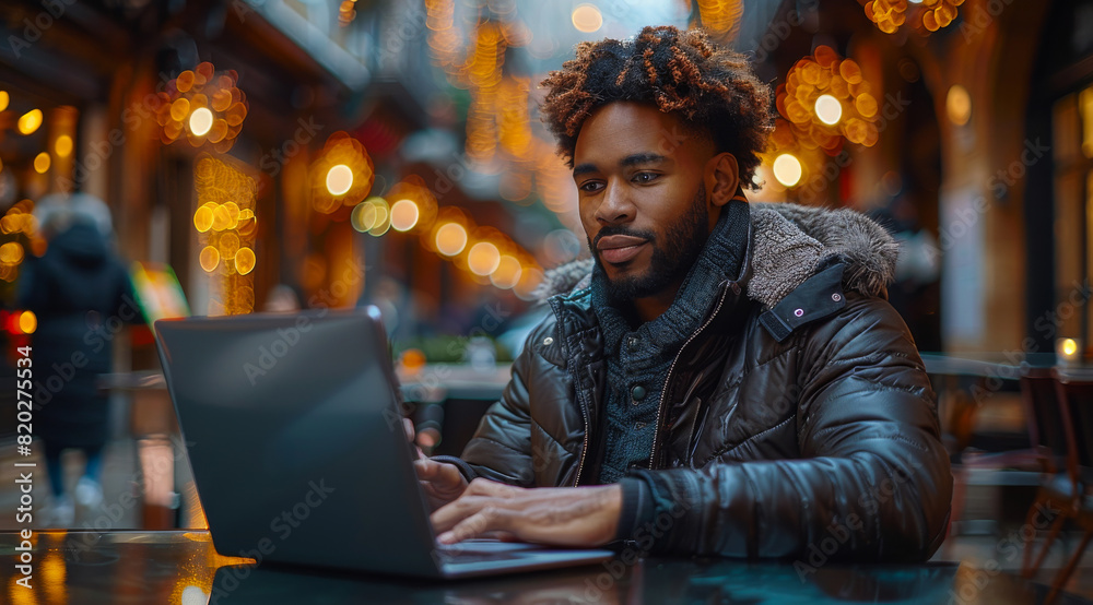 Man sits at table with laptop in city. Man sits at table with laptop in city.