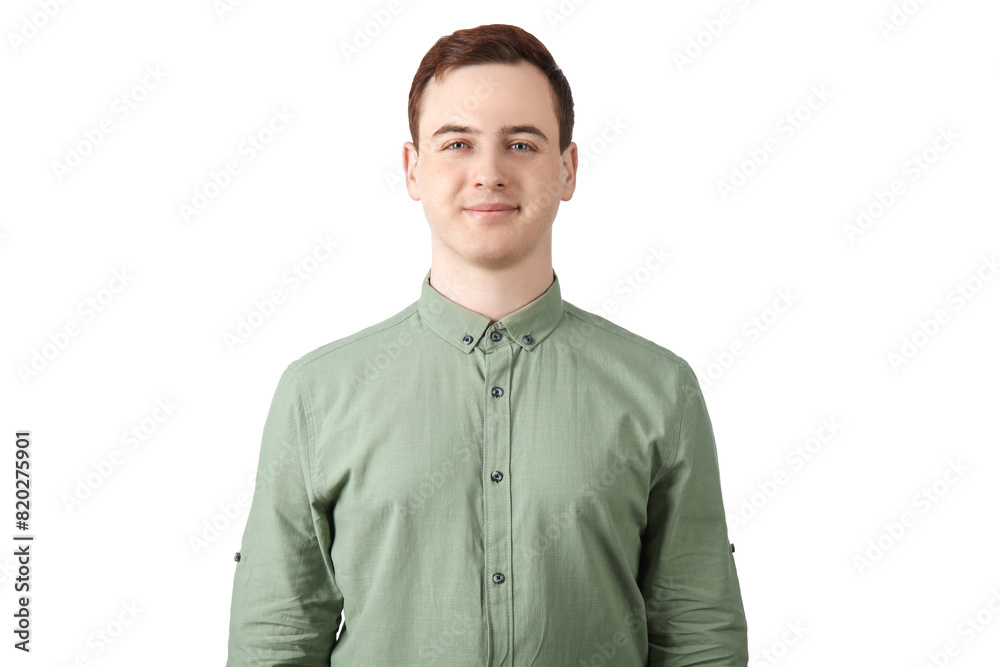 Handsome young man in stylish green collar shirt on white background Handsome young man in stylish green collar shirt on white background