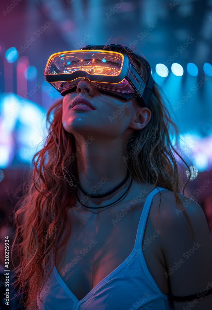 Obraz premium Young woman using virtual reality headset