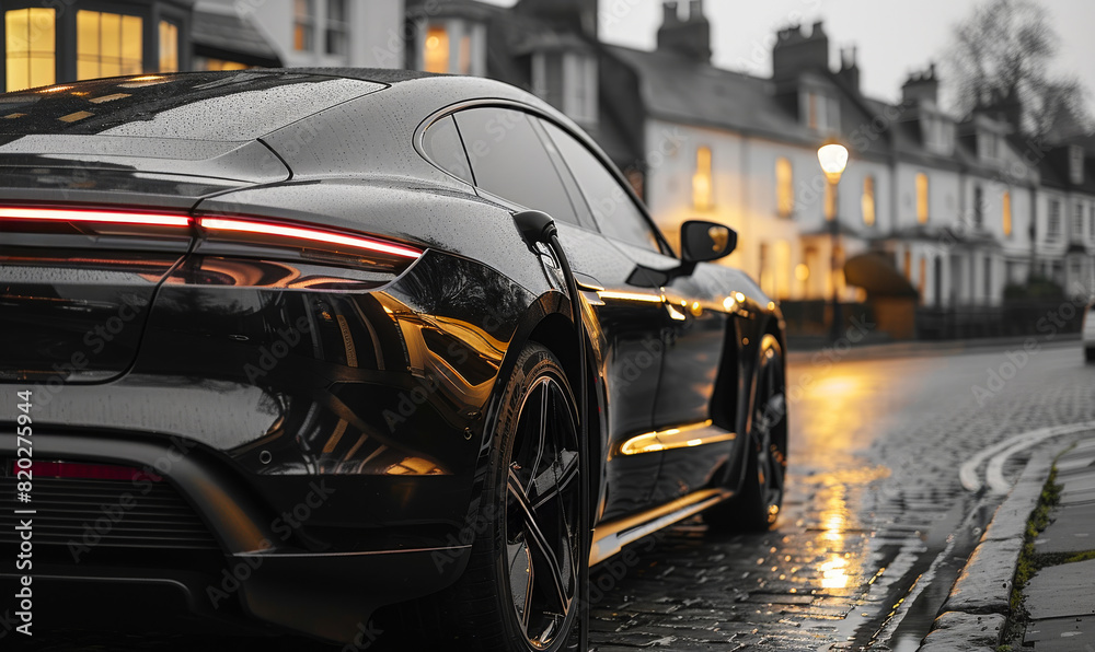 Luxury sports car parked on wet street in the evening Luxury sports car parked on wet street in the evening