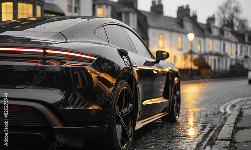 Luxury sports car parked on wet street in the evening
