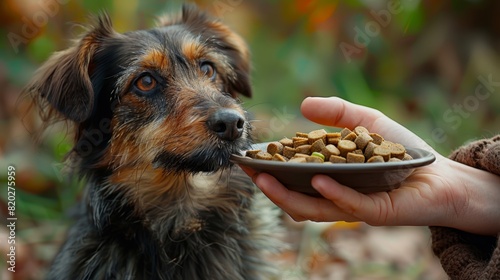 a touching gesture of compassion a hand offering food to a stray dog, exemplifying empathy and advocacy for animal welfare photo