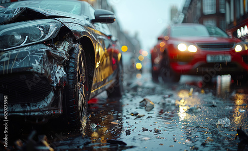 Cars damaged in car accident on wet road