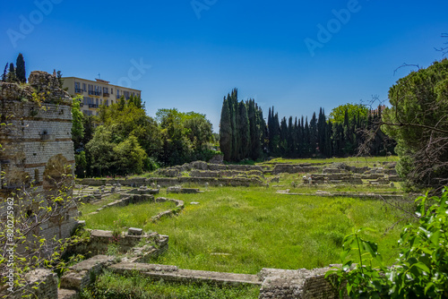 The remains of Cemenelum - a basilica, baths and amphitheater are located on the hill of Cimiez, the ancient Roman city of Cemenelum. Nice, France.  photo