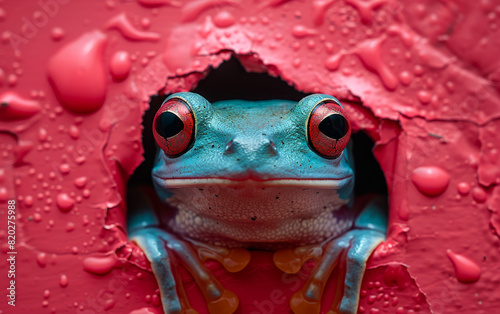 Red-eyed tree frog peeks out of hole in red wall. photo