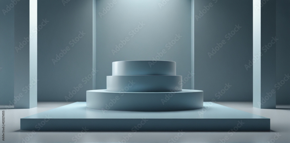 Fototapeta premium Podium background 3D product platform display blue stage pedestal. Light background 3D podium stand scene studio.