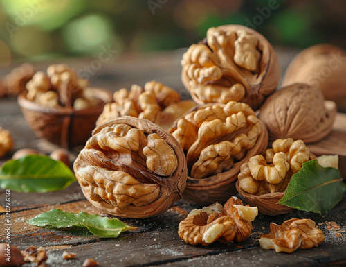 Walnuts in shell on wooden table