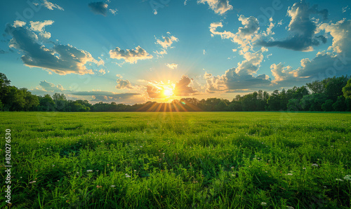 Sunset over green field and forest photo