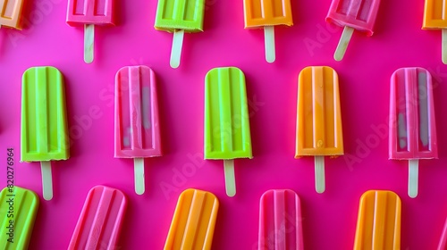 A bunch of colorful popsicles on a pink surface.