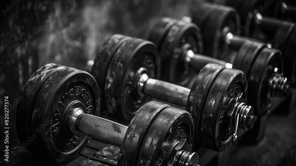 Naklejka premium Black and white photo of dumbbells.