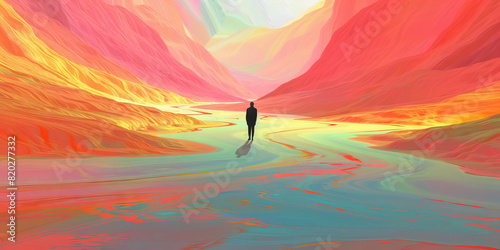 Lone figure standing in colorful alien rainbow world. silhouette. 