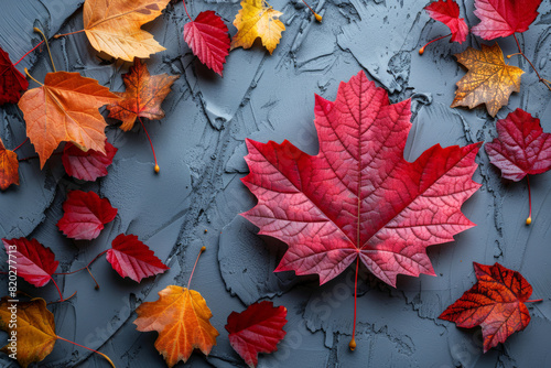 Colorful autumn leaves scattered on a textured dark background, suitable for fall-themed designs and nature concepts. Canada Day.