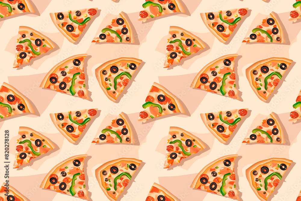 Seamless pattern of delicious pizza slices with various toppings, ideal for decoration, tile design, and food-themed ornaments.