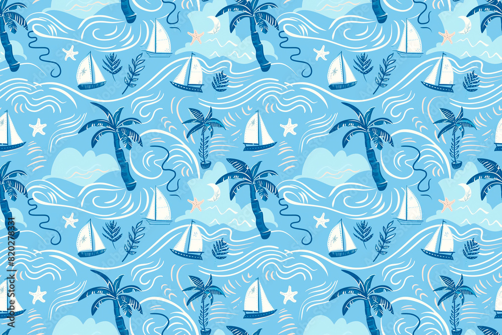 A blue and white pattern of palm trees and sailboats. The blue and white color scheme gives the image a calm and relaxing mood A blue and white pattern of palm trees and sailboats. The blue and white color scheme gives the image a calm and relaxing mood