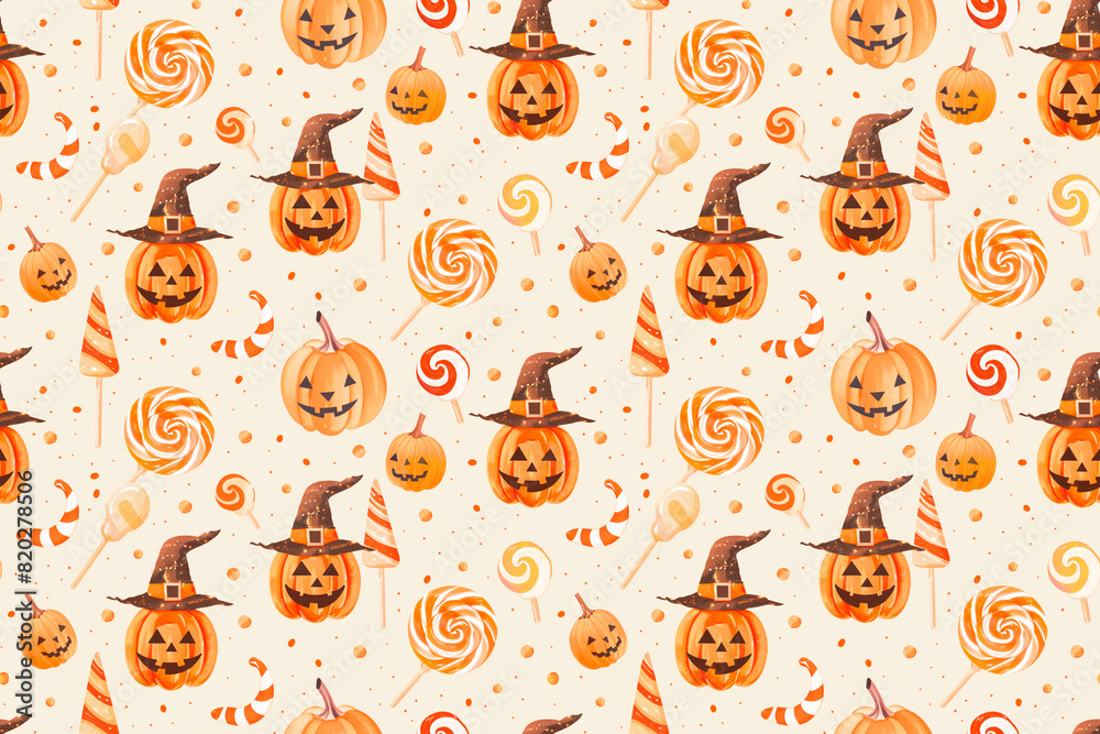 Halloween pattern with pumpkins, candy, and witch hats, seamless design for festive decoration and holiday tile ornaments