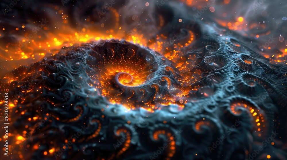 A digital illustration of a vibrant spiral in outer space