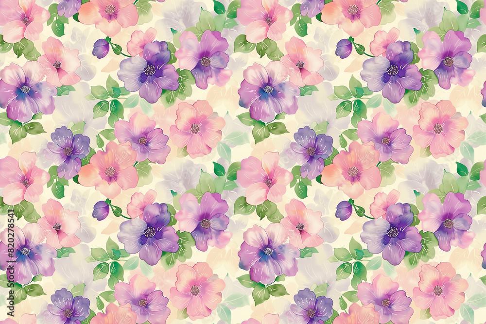 Fototapeta Pastel flower pattern with pink and purple blooms and green leaves, seamless floral design ideal for decoration and fabric tiles