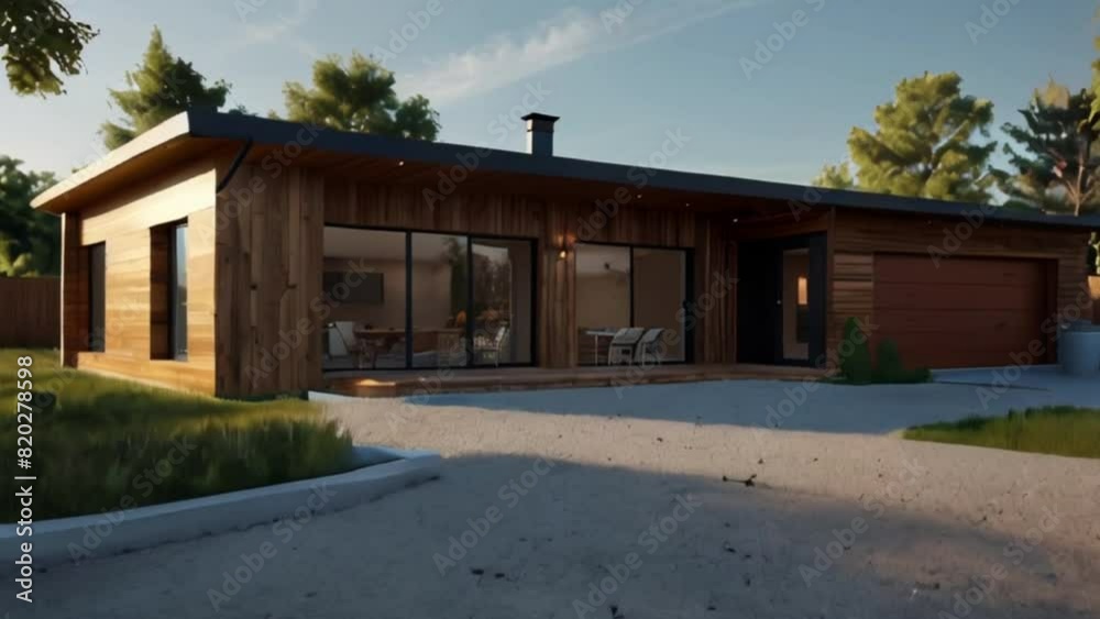 Modern Wooden House with Garage and Sliding Glass Doors Modern Wooden House with Garage and Sliding Glass Doors