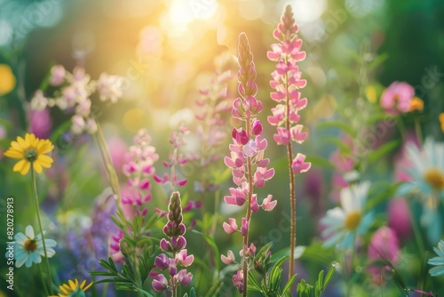 A close-up view reveals a field adorned with blooming flowers and herbs  showcasing the vibrant beauty of wild plants. This picturesque scene embodies the essence of the spring or summer season.      