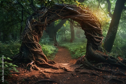 A mysterious arch formed by intertwining tree roots stands along a forest path, resembling a portal to another world, evoking the enchantment of a magical place.   © Uliana
