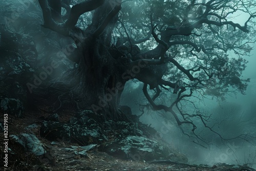 An atmospheric scene unfolds in a dark and misty forest, where a large tree with twisted roots and branches stands as a haunting yet captivating centerpiece, shrouded in mystery and intrigue.        © Uliana