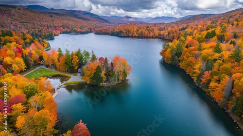 Stunning fall foliage and lake in Vermont  USA