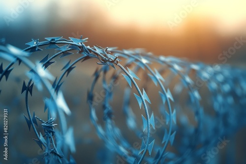 Close-up captures the sharp details and metallic texture of barbed wire against a blurred background.