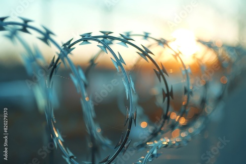 Close-up captures the sharp details and metallic texture of barbed wire against a blurred background.