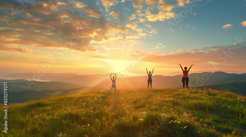 Three People Standing on a Hill With Their Arms Raised