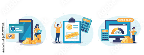 Credit approval illustration set. Characters with good credit score receiving loan approval from bank. Personal finance concept. Vector illustration.