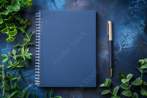 Blank notepad and pen on a stylish dark blue background. Ideal for jotting down ideas, messages, lists, and inspiration. Top view, flat lay with copy space, ready for your design.
 photo