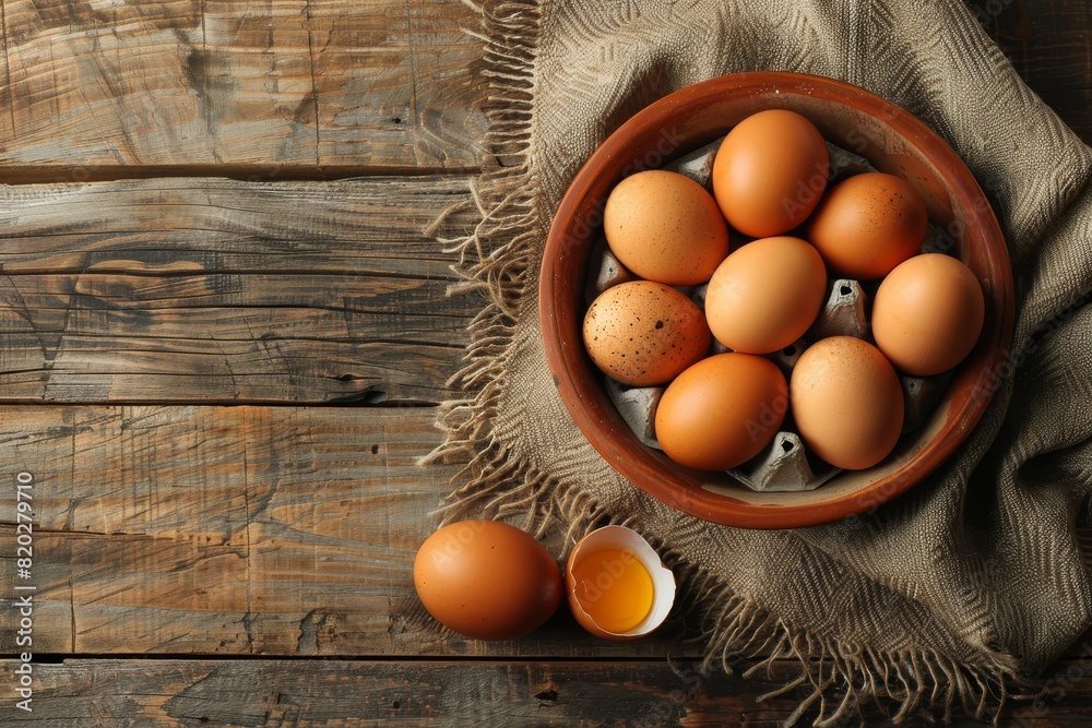 Brown chicken eggs arranged in a bowl against a wooden backdrop. This imagery depicts fresh and natural food.
Brown chicken eggs arranged in a bowl against a wooden backdrop. This imagery depicts fresh and natural food.