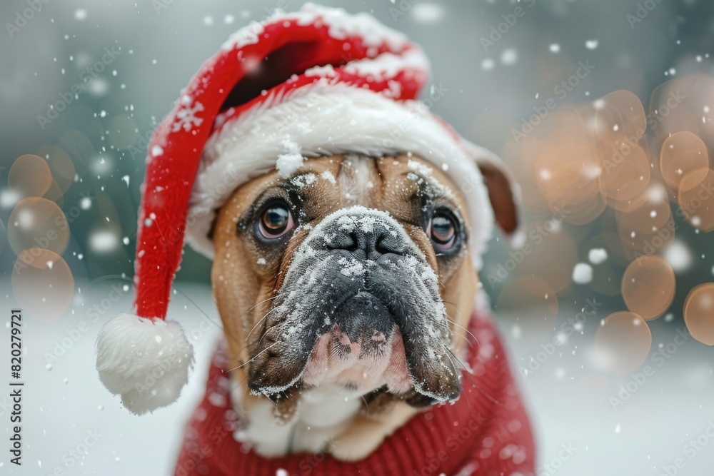 Bulldog breed dog wearing festive red Santa hat posing outdoor in snowy park decorated for holidays . Christmas celebration. Bright warm colours. Bulldog breed dog wearing festive red Santa hat posing outdoor in snowy park decorated for holidays . Christmas celebration. Bright warm colours.