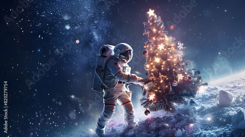 Astronaut decorating christmas tree in space