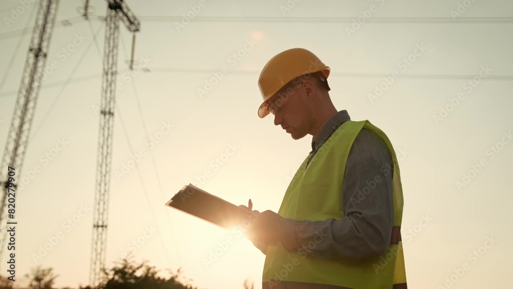 Power line inspector making notes during transmission tower inspection