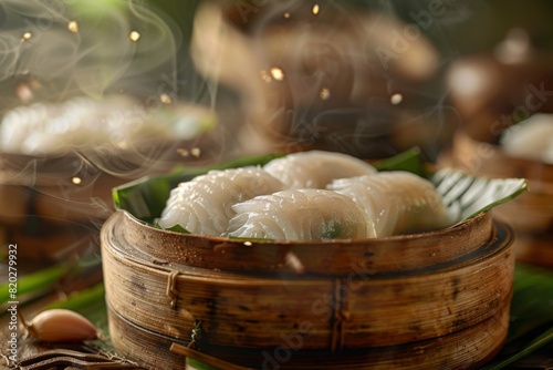 Close-up of steamed rice dumplings, a famous Chinese delicacy for the Dragon Boat Duan Wu Festival. Iconic festive food with copy space.






 photo