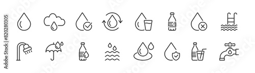 Water icons set. Drop water, bottle, mineral water, glass of water. Vector